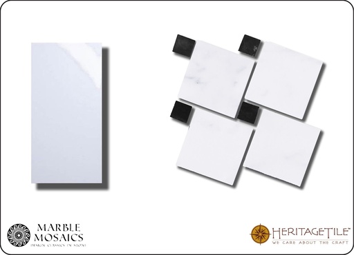 [XKMMZ0HA] Honed marble Zanzibar Sample Card in 'Carrara White' with 'Jet Black' dot