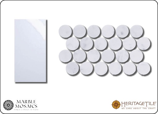 Honed marble penny Sample Card in 'Carrara White'