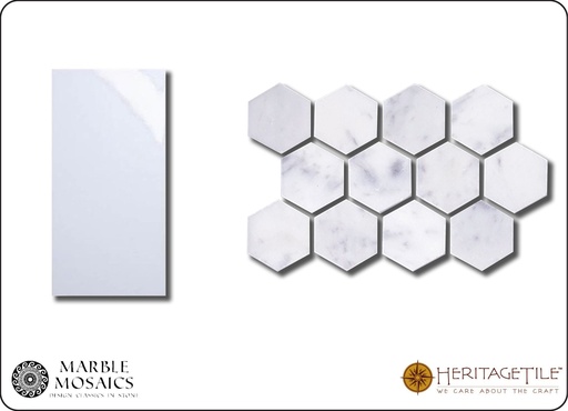 [XKMMH1HA] Honed marble 1-1/4" hexagon Sample Card in 'Carrara White'