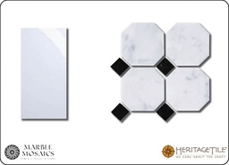 [XKMMO0HA] Honed marble octagon Sample Card in 'Carrara White' with 'Jet Black' dots