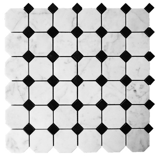 [MMBO0HA] Honed Marble Octagon Field in 'Carrara White' with 'Jet Black' Dots
